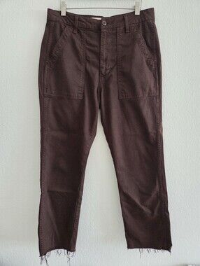 Amo Easy Army Trouser Pant Womens Size 29 Chocolate Brown Raw Hem Crop Relaxed